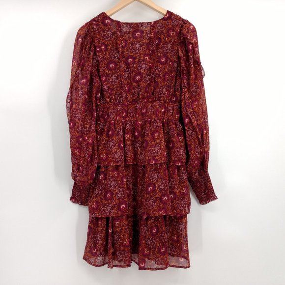 HOUSE OF HARLOW 1960 Mini Dress 2 Berry Metallic Tiered Boho Deep V Neck Lined - Picture 4 of 12